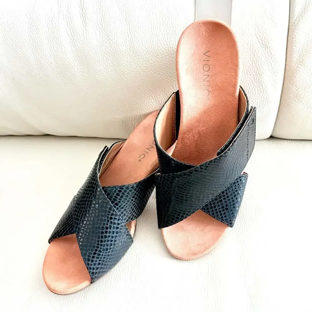 Vionic Leticia Black Lizard Embossed Cork Wedge Sandals